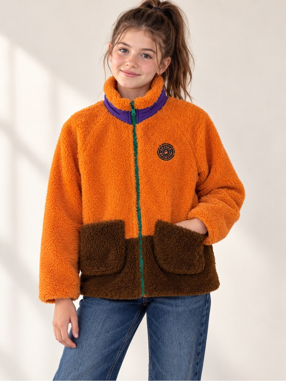United Colors of Benetton Vintage Girls Sherpa Fleece Colorblock Jacket Youth XL